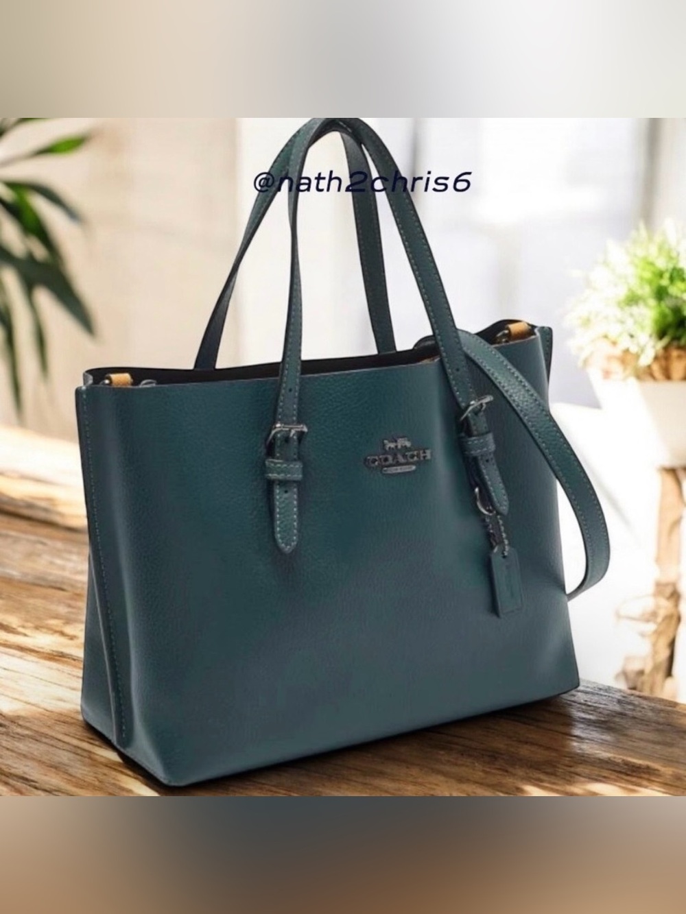 Coach Dark Green Leather Mollie 25 Tote with Adjustable Strap and black hardware